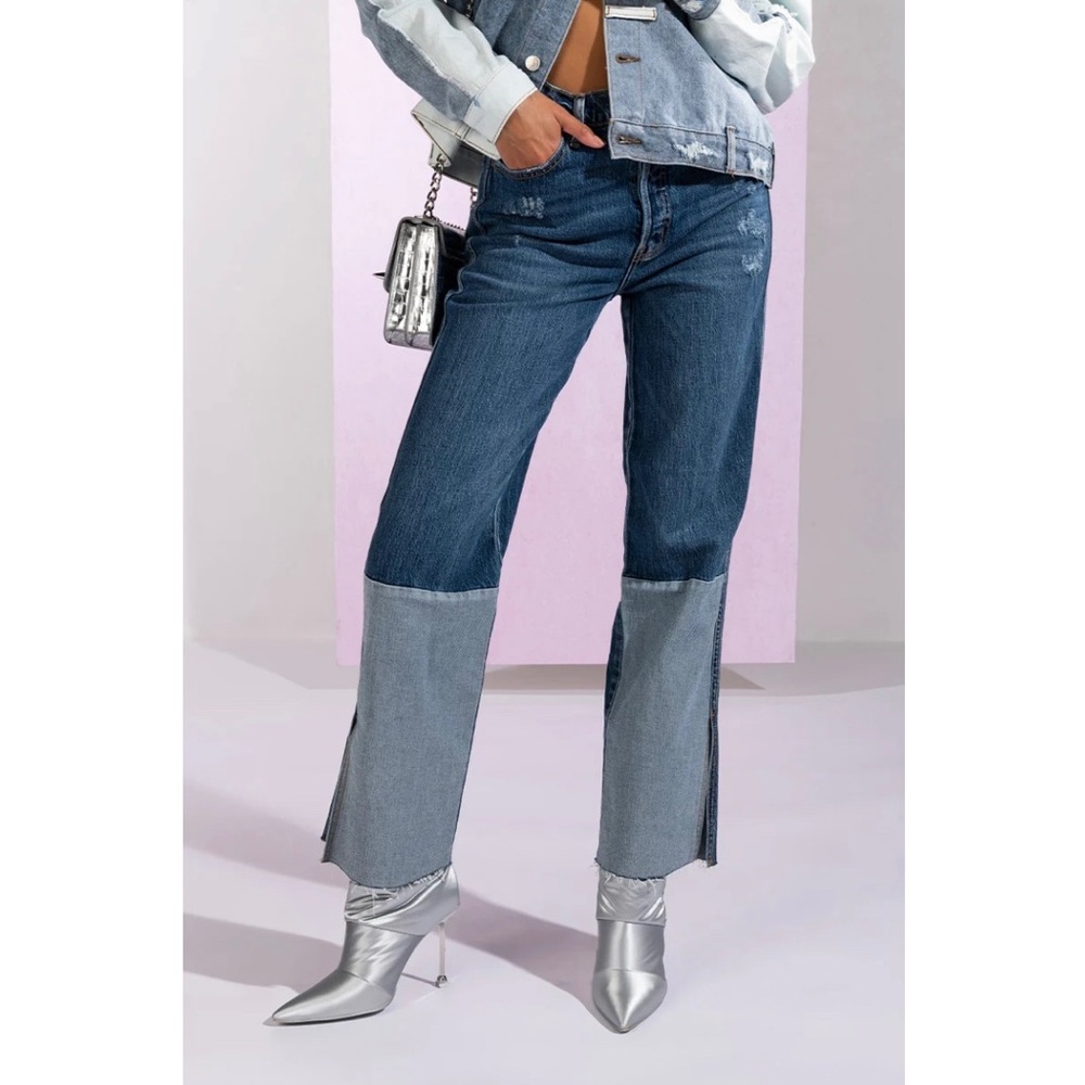 Cello Women’s High Rise Button Fly Straight Leg Patchwork Split Raw Hem Jeans